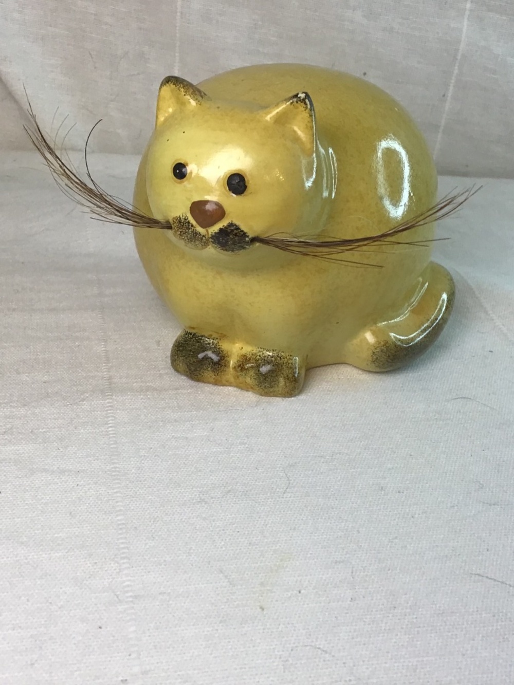 Vintage Chubby Yellow Ceramic Cat Kitty Figurine and Natural Fiber Whiskers.
